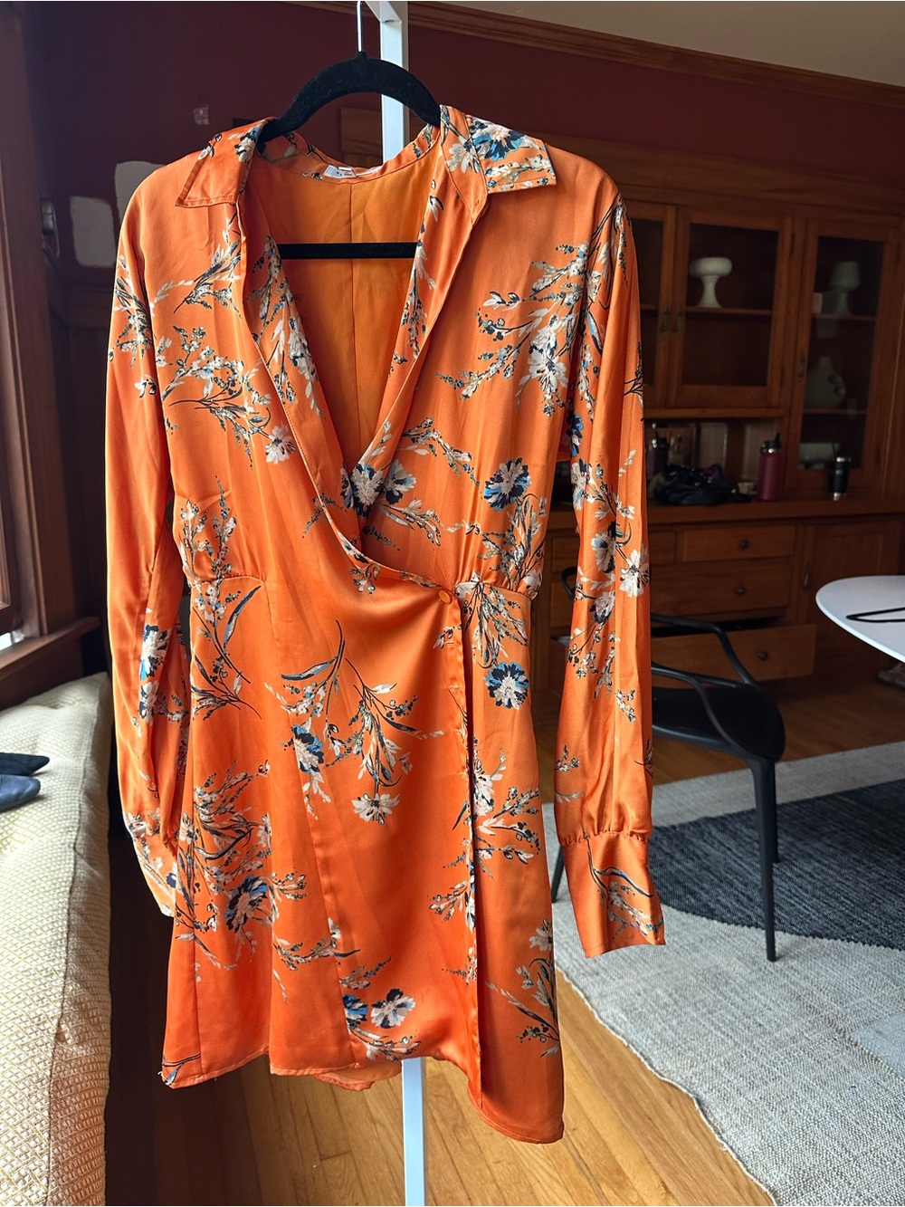 Equipment Orange Floral Satin Wrap Dress with Blue Accents